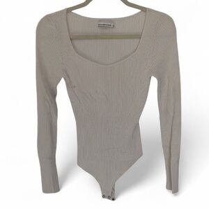 Abercrombie and Fitch Off White Ribbed Long Sleeve Bodysuit